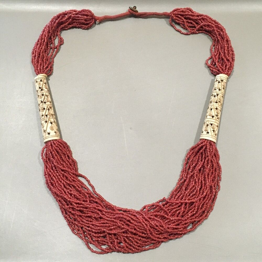 Vtg Coral Color Necklace Multi Strand Seed Beads Tubular Chunky Tribal 20”